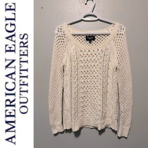 American Eagle Cream Crochet Knit Scoop Neck Sweater Size Small
